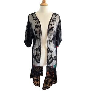 David and Young Black Lace Cardigan Duster Kimono Cover Up EE12